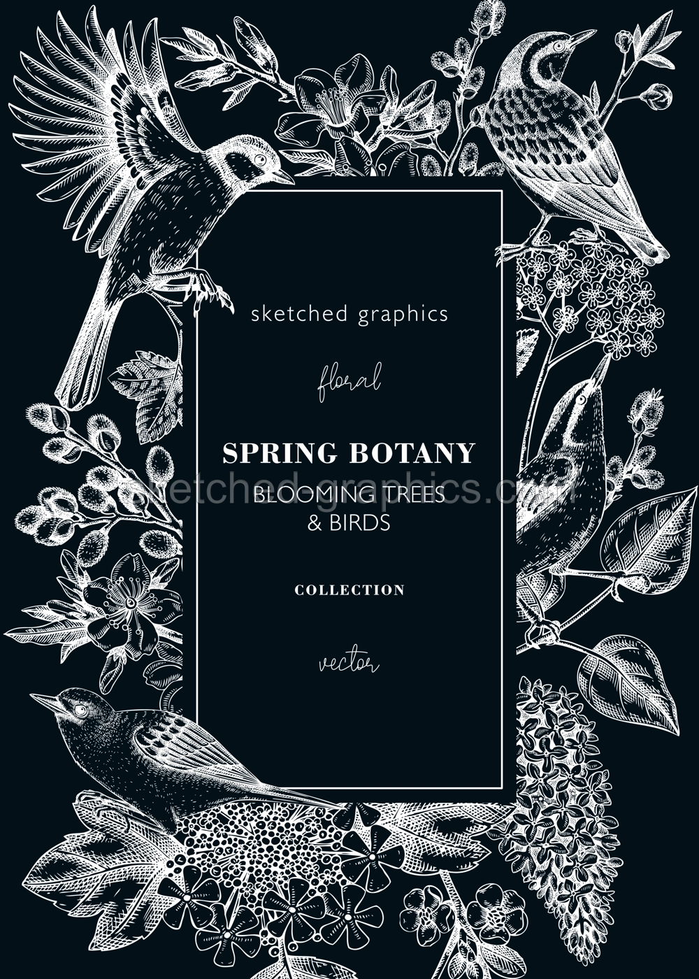 Vintage spring frame designs with birds, flowers, leaves and blooming tree branches. Almond, willow, rowan, willow, cherry blossom floral sketches for prints. Floral card or invitation template. Illustration